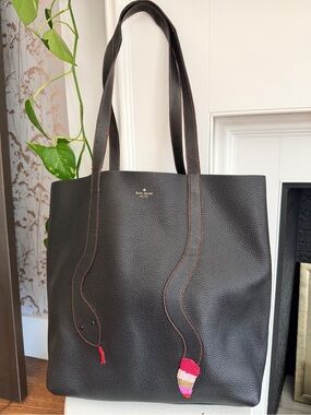 kate spade Black Pebbled Leather Tote with Multicolor Hand-stitched Snake